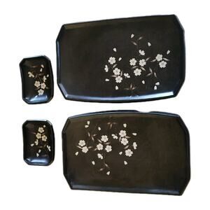 TWO VTG Kafuh Black Sakura Stoneware Sushi SetsBlack Cherry Blossom Japan Dish